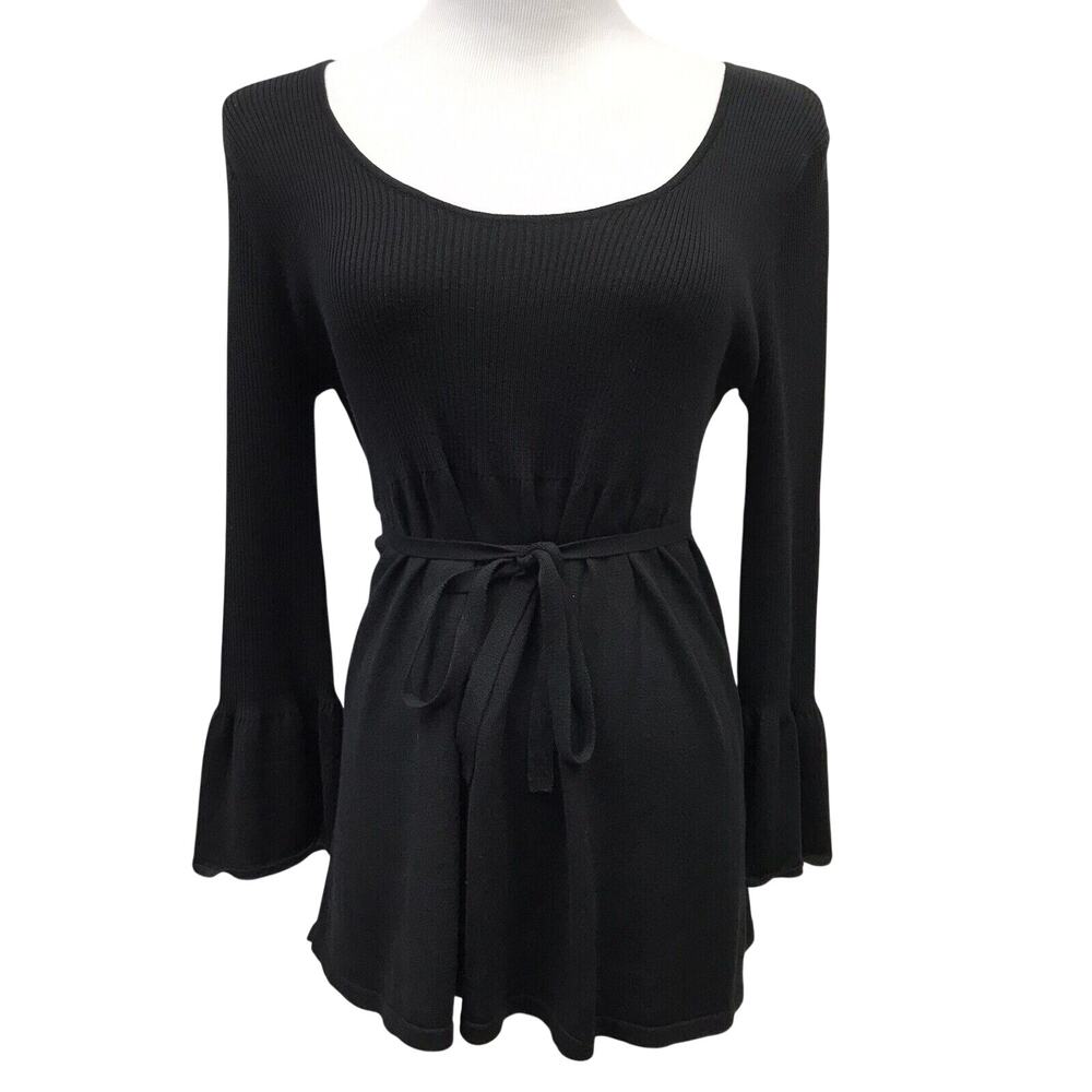 August Silk Sweater Womens Large Black Belt Bell Sleeve